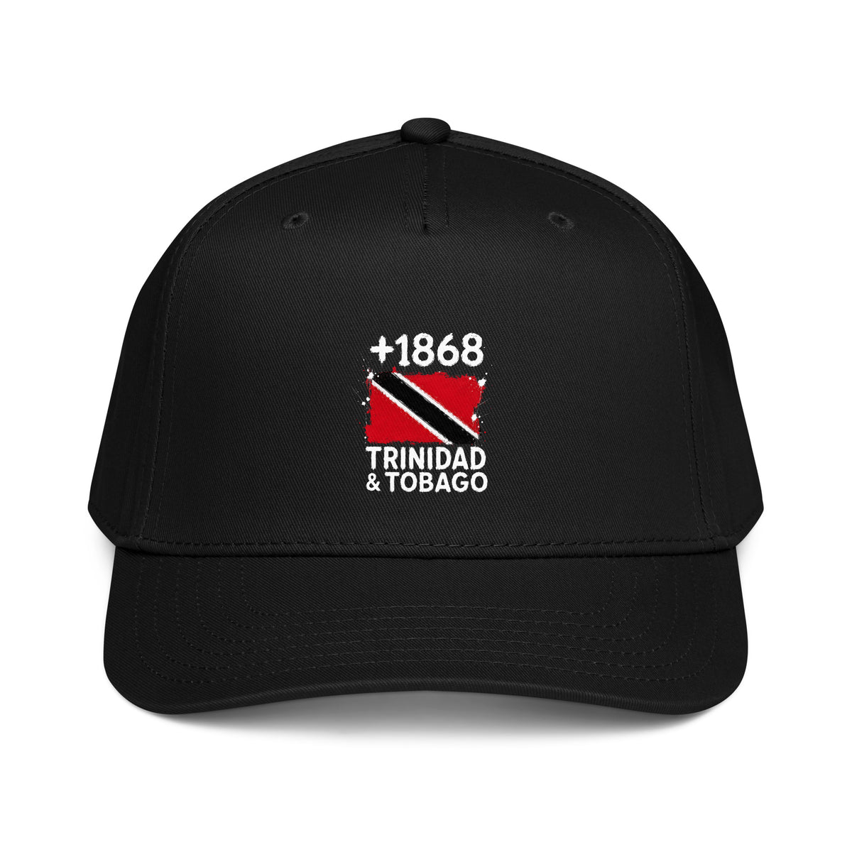 Casquette baseball noire Trinidad & Tobago +1868 avec drapeau trinidadien floqué effet éclaboussure de peinture - vue de face - Indicatif Fier