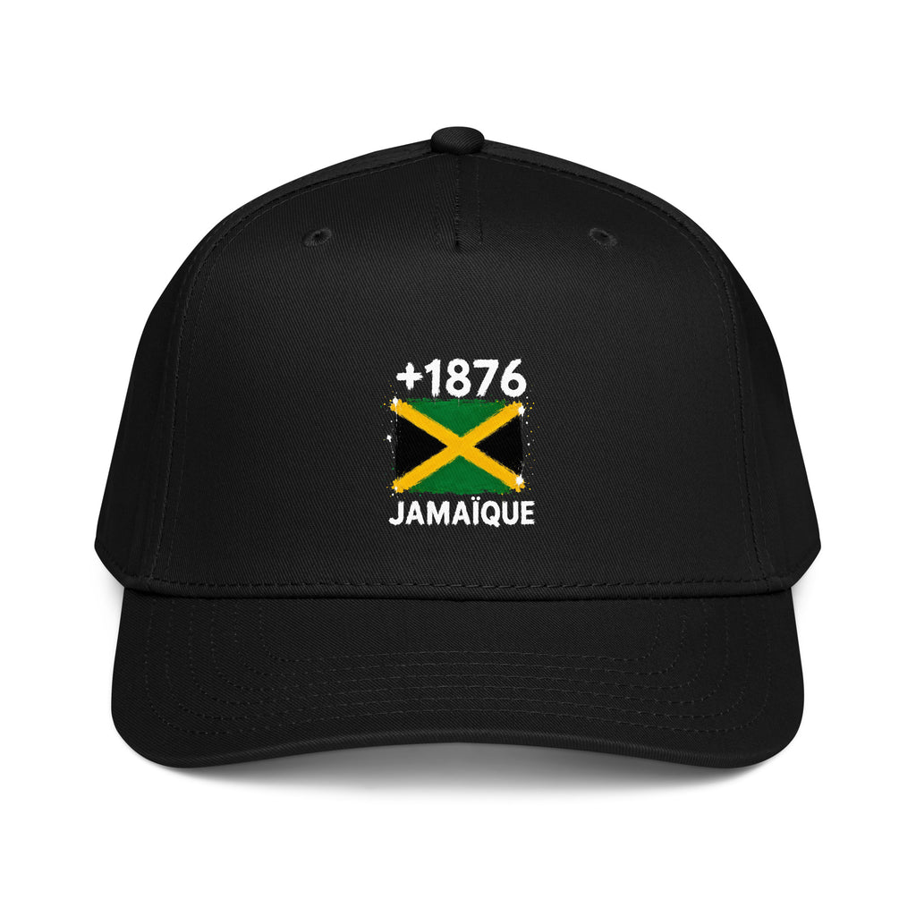 Casquette Baseball noire Jamaïque +1876 avec drapeau jamaïcain floqué effet éclaboussure de peinture - vue de face - Indicatif Fier