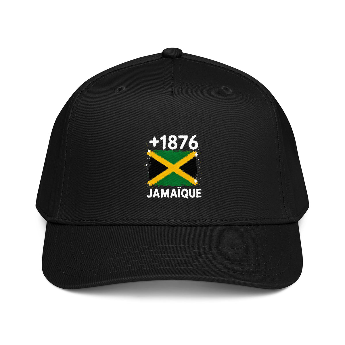 Casquette Baseball noire Jamaïque +1876 avec drapeau jamaïcain floqué effet éclaboussure de peinture - vue de face - Indicatif Fier