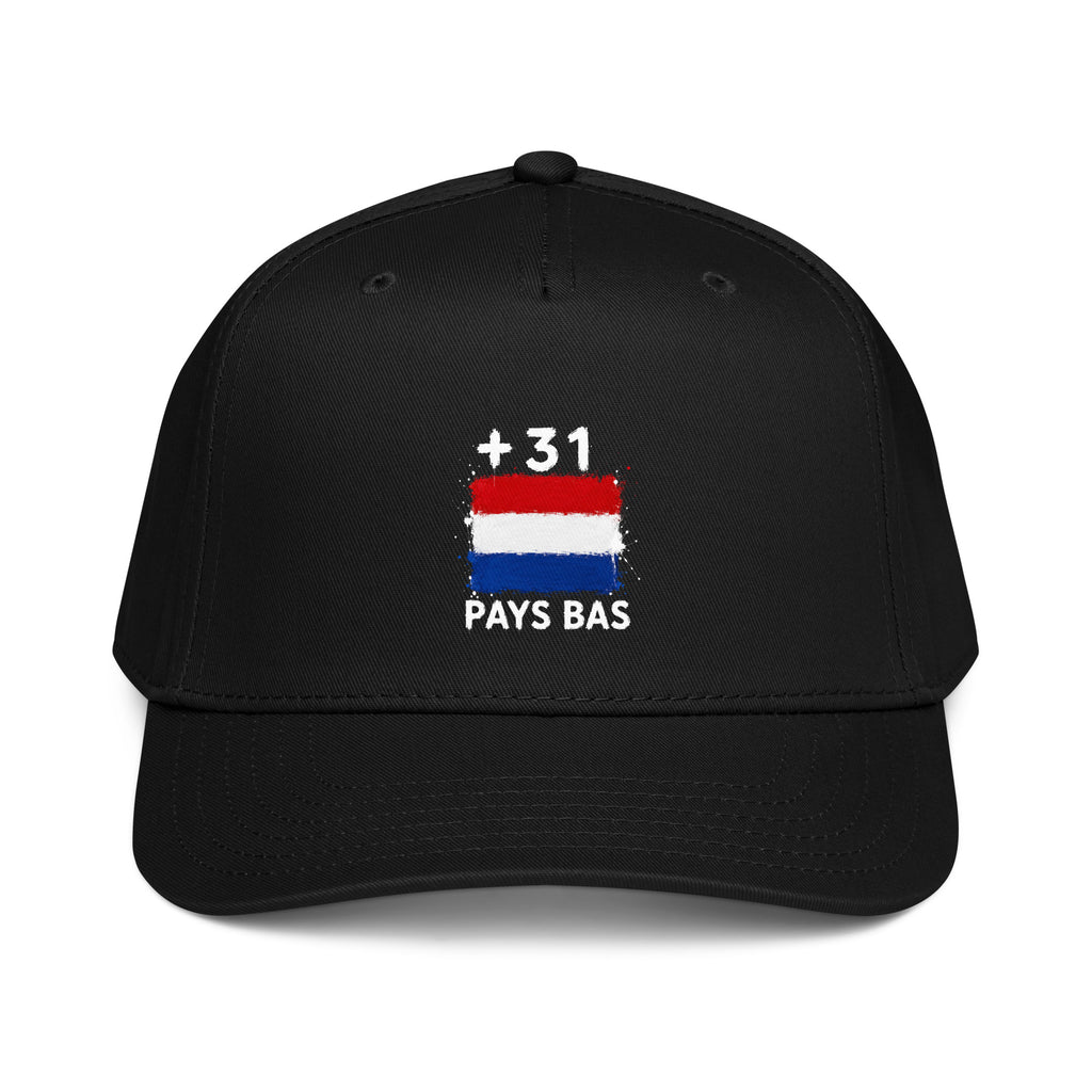Casquette baseball noire Pays Bas +31 avec drapeau néerlandais floqué effet éclaboussure de peinture - vue de face - Indicatif Fier