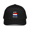 Casquette baseball noire Pays Bas +31 avec drapeau néerlandais floqué effet éclaboussure de peinture - vue de face - Indicatif Fier