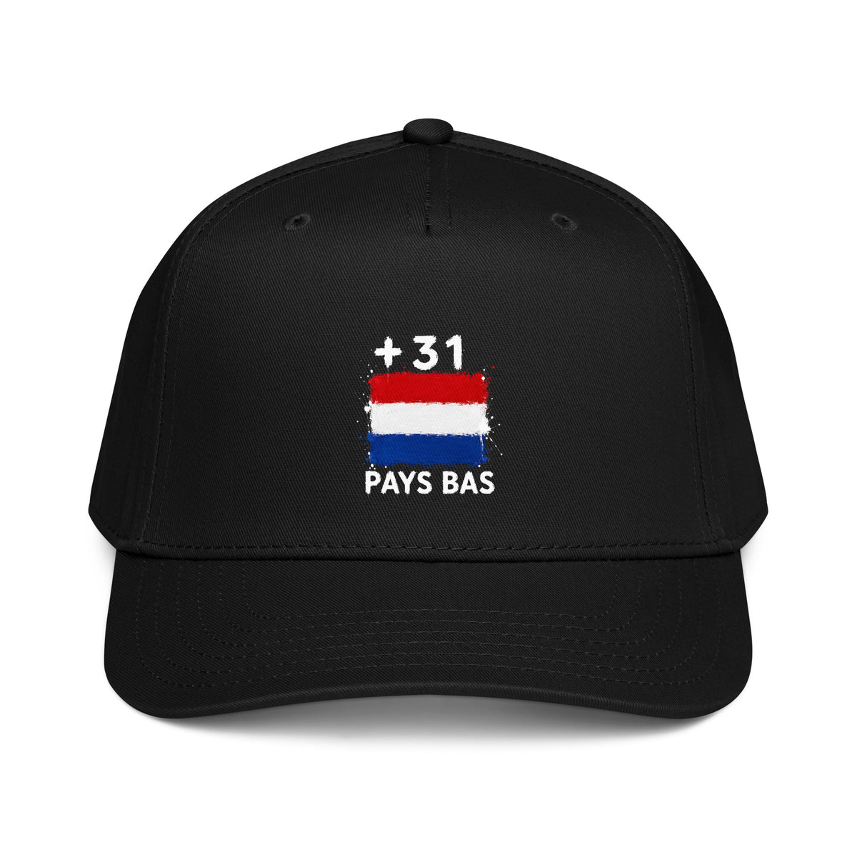 Casquette baseball noire Pays Bas +31 avec drapeau néerlandais floqué effet éclaboussure de peinture - vue de face - Indicatif Fier