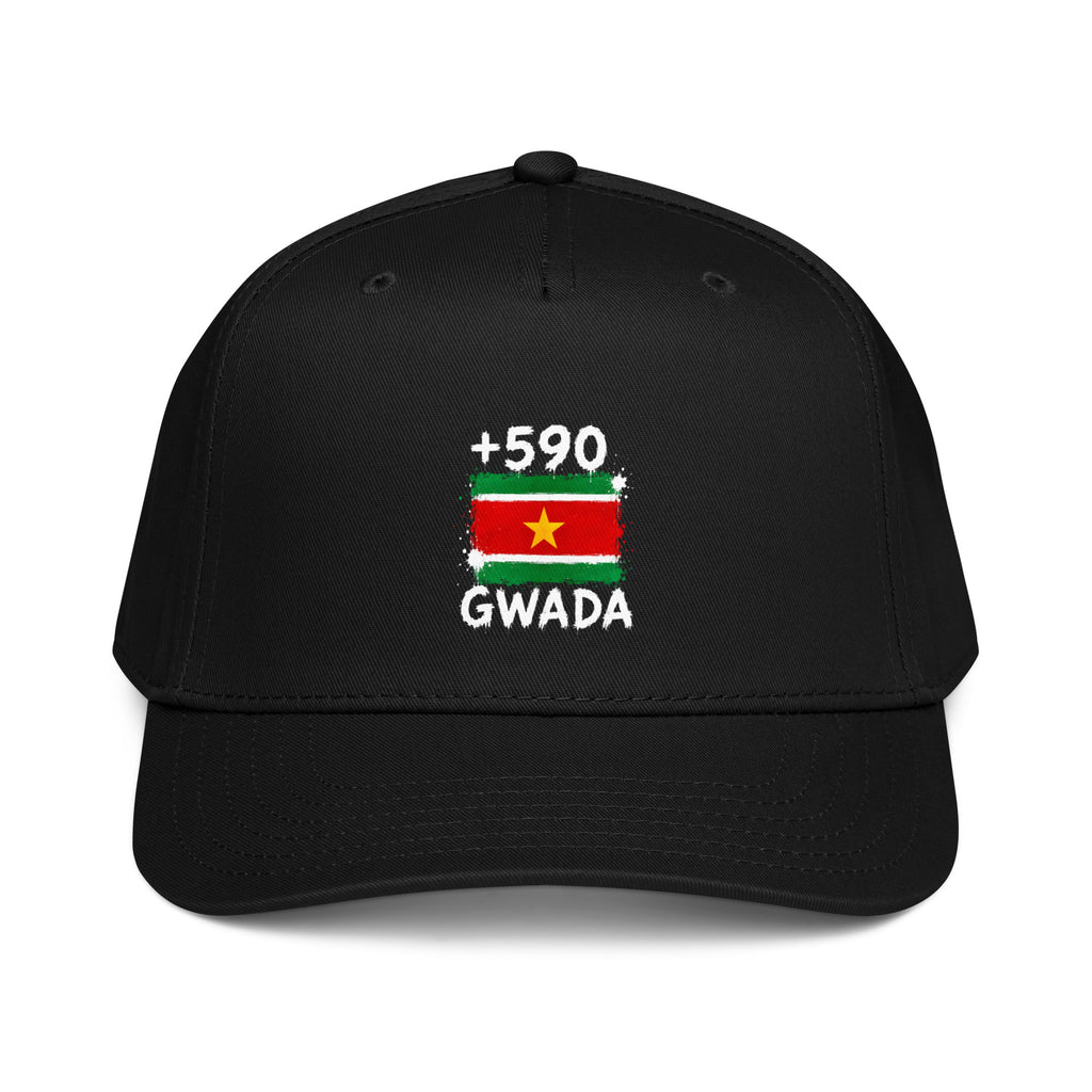 Casquette Baseball Guadeloupe +590 - Noir avec drapeau floqué effet éclaboussure de peinture - vue de face - Indicatif Fier