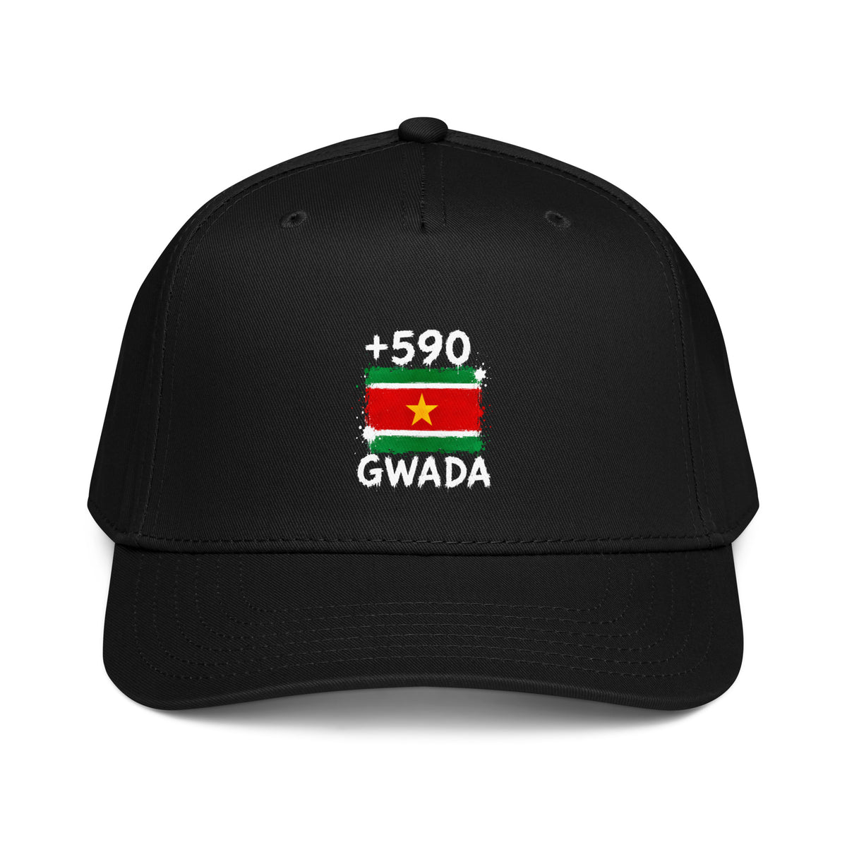 Casquette Baseball Guadeloupe +590 - Noir avec drapeau floqué effet éclaboussure de peinture - vue de face - Indicatif Fier