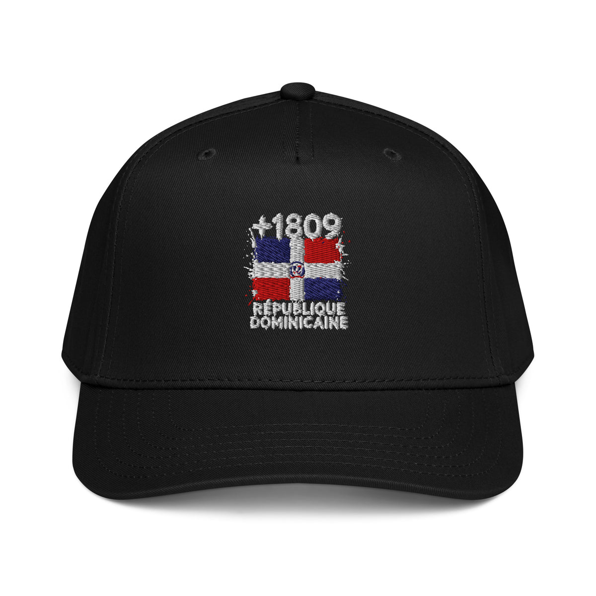 Casquette baseball noire République Dominicaine +1809 avec drapeau dominicain brodé - vue de face - Indicatif Fier