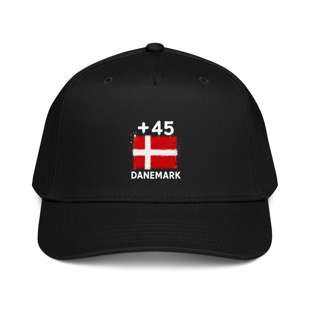 Casquette Baseball Danemark +45 noire - vue de face avec drapeau danois