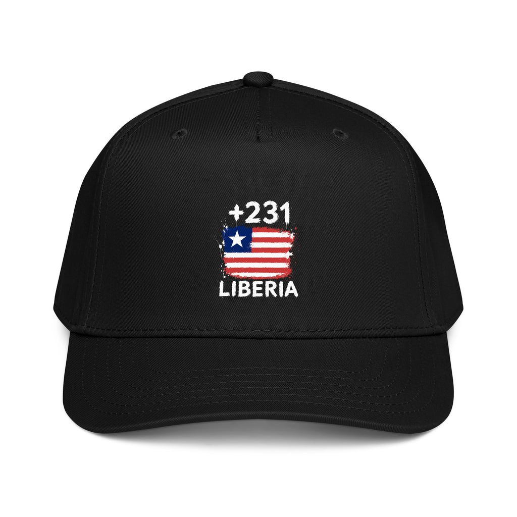 Casquette Baseball Liberia +231 noire vue de face, logo brodé drapeau libérien