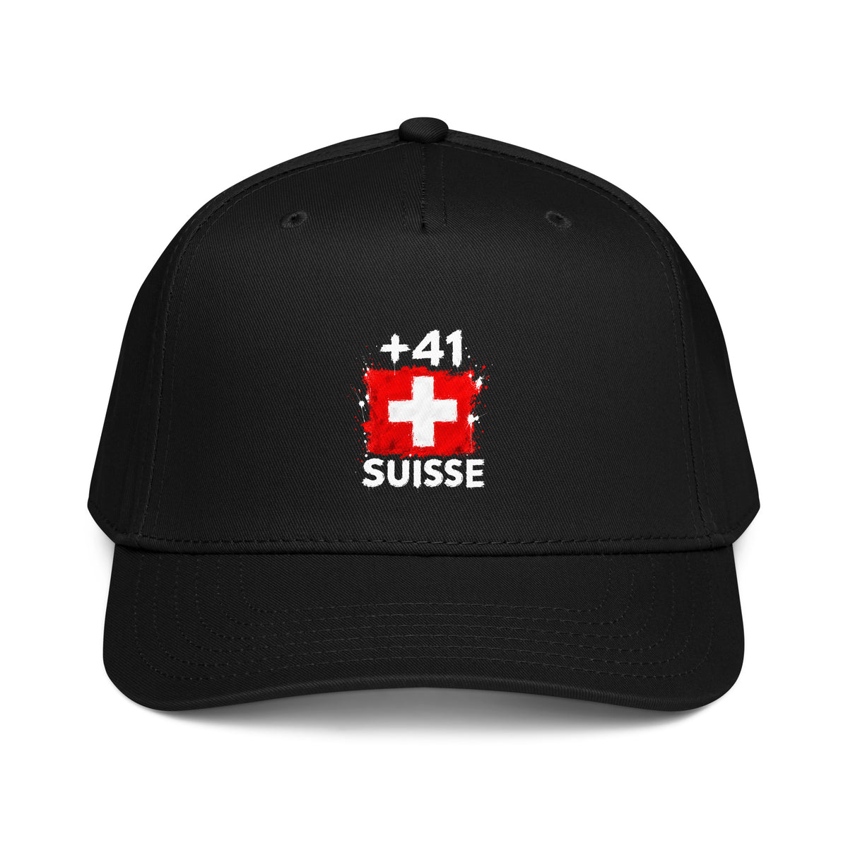 Casquette Baseball Suisse +41 - Noir vue de face, design drapeau suisse imprimé