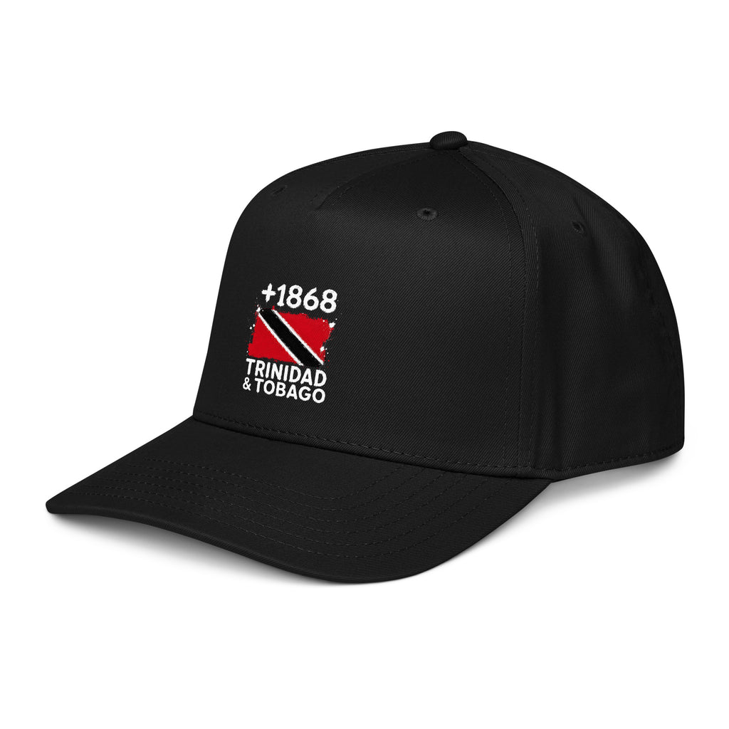 Casquette baseball noire Trinidad & Tobago +1868 avec drapeau trinidadien floqué effet éclaboussure de peinture - vue de profil - Indicatif Fier
