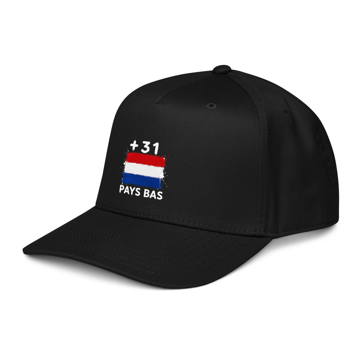 Casquette baseball noire Pays Bas +31 avec drapeau néerlandais floqué - vue de profil gauche - Indicatif Fier
