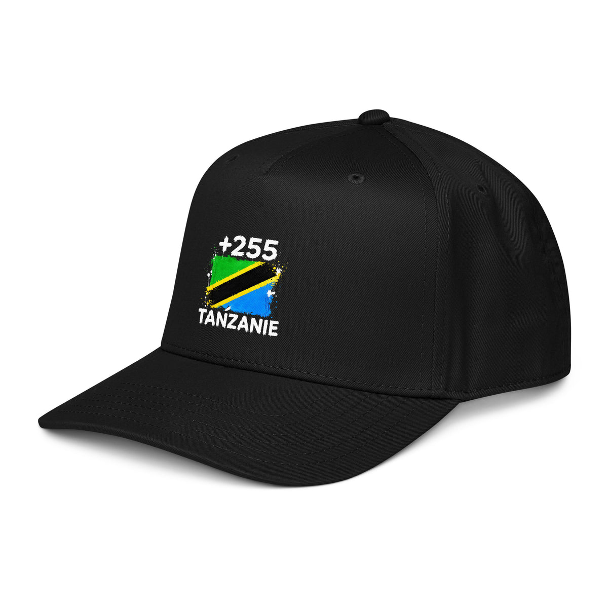 Casquette Baseball Tanzanie +255 - Noir avec drapeau floqué effet éclaboussure de peinture - vue de trois-quarts gauche - Indicatif Fier