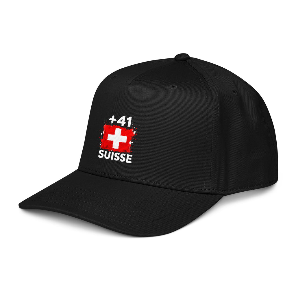 Casquette Baseball Suisse +41 - Noir avec drapeau floqué effet éclaboussure de peinture - vue de trois-quarts gauche - Indicatif Fier