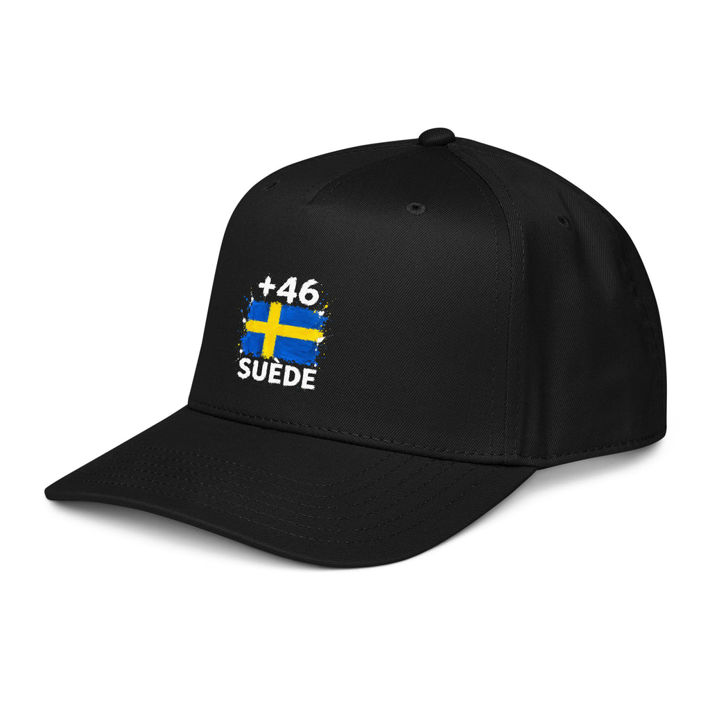Casquette Baseball Suède +46 - Noir avec drapeau floqué effet éclaboussure de peinture - vue de trois-quarts gauche - Indicatif Fier