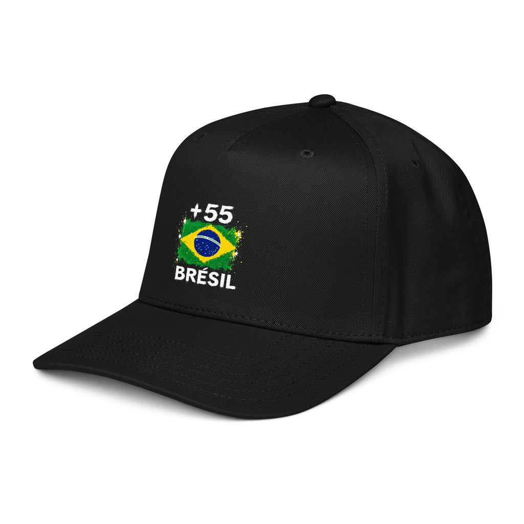 Casquette Baseball Brésil +55 - Noir avec drapeau floqué effet éclaboussure de peinture - vue de trois-quarts gauche - Indicatif Fier