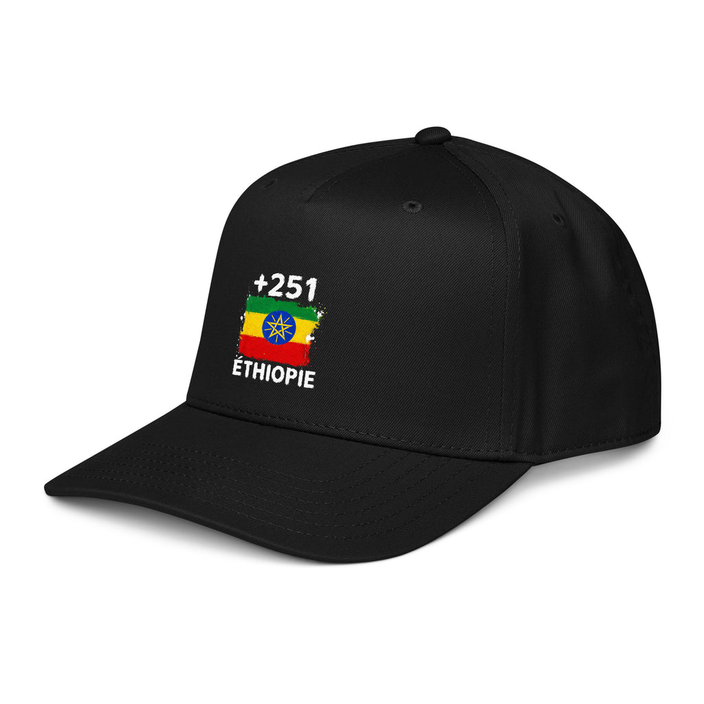 Casquette Baseball Éthiopie +251 - Noir avec drapeau floqué effet éclaboussure de peinture - vue de trois-quarts gauche - Indicatif Fier