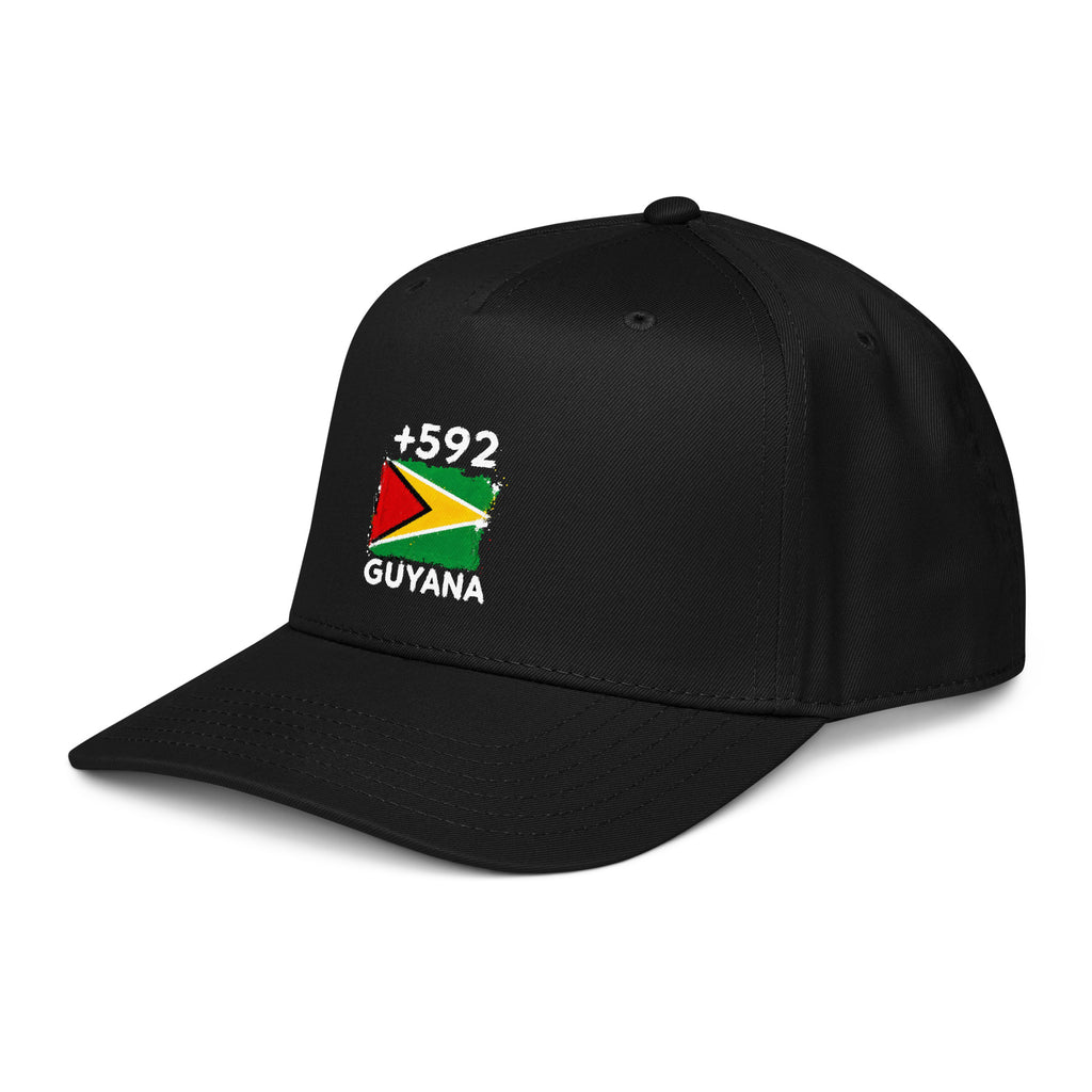Casquette Baseball Guyana +592 - Noir avec drapeau floqué effet éclaboussure de peinture - vue de trois-quarts gauche - Indicatif Fier