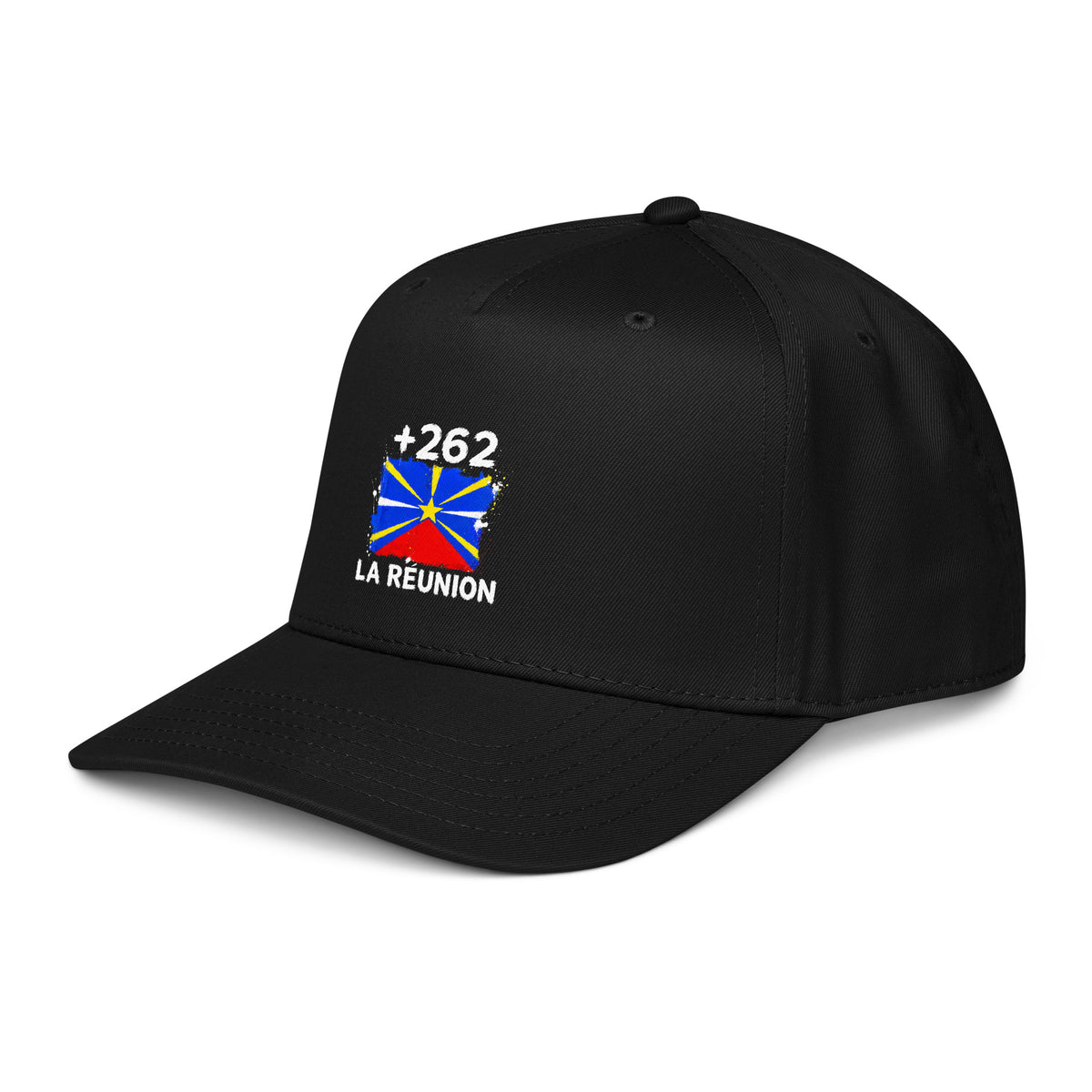 Casquette Baseball La Réunion +262 - Noir avec drapeau floqué effet éclaboussure de peinture - vue de trois-quarts gauche - Indicatif Fier