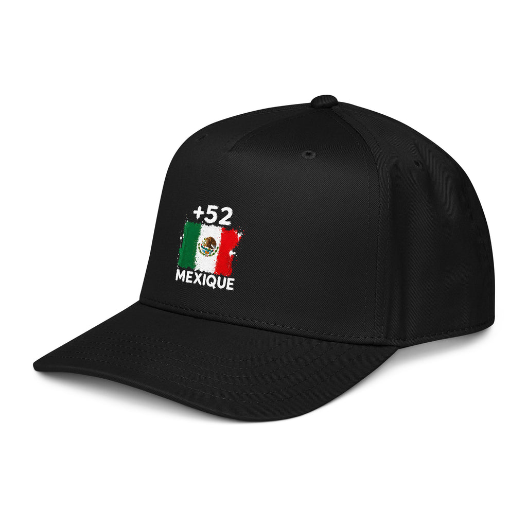 Casquette Baseball Mexique +52 - Noir avec drapeau floqué effet éclaboussure de peinture - vue de trois-quarts gauche - Indicatif Fier