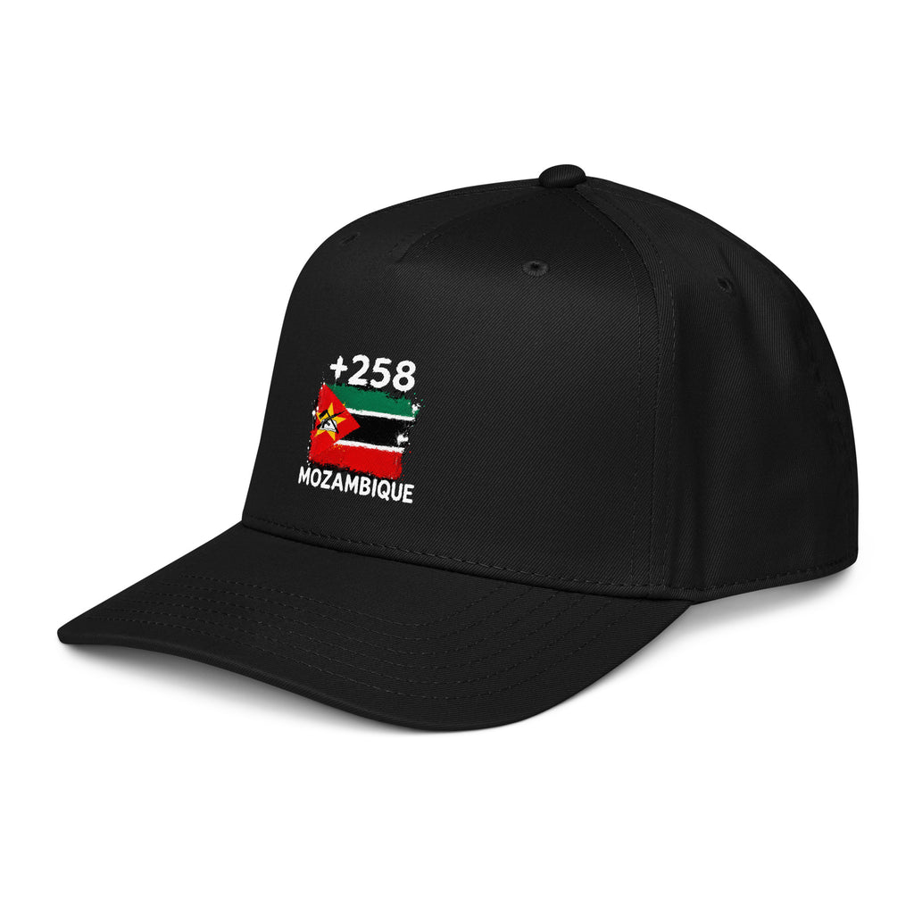 Casquette Baseball Mozambique +258 - Noir avec drapeau floqué effet éclaboussure de peinture - vue de trois-quarts gauche - Indicatif Fier