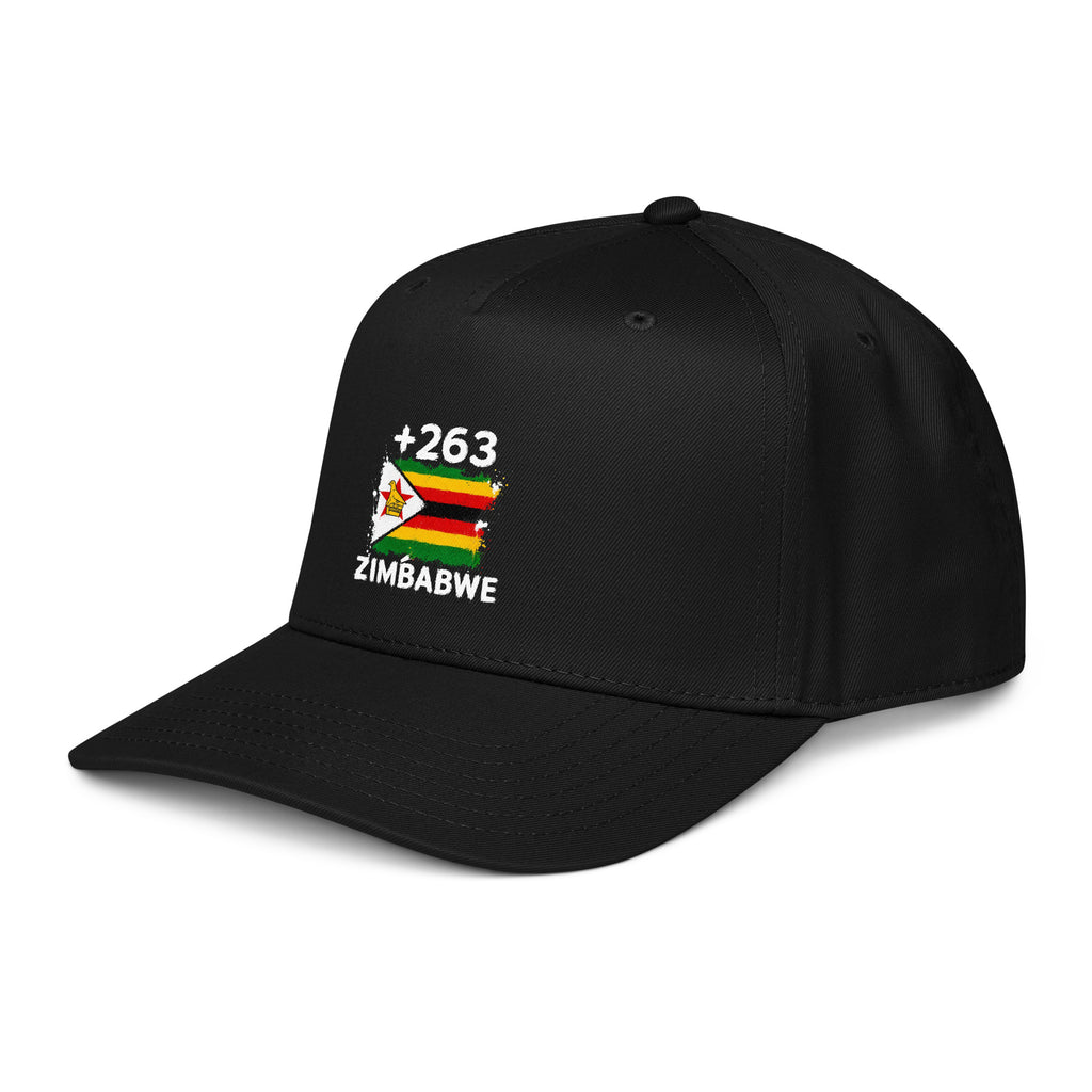 Casquette Baseball Zimbabwe +263 - Noir avec drapeau floqué effet éclaboussure de peinture - vue de trois-quarts gauche - Indicatif Fier