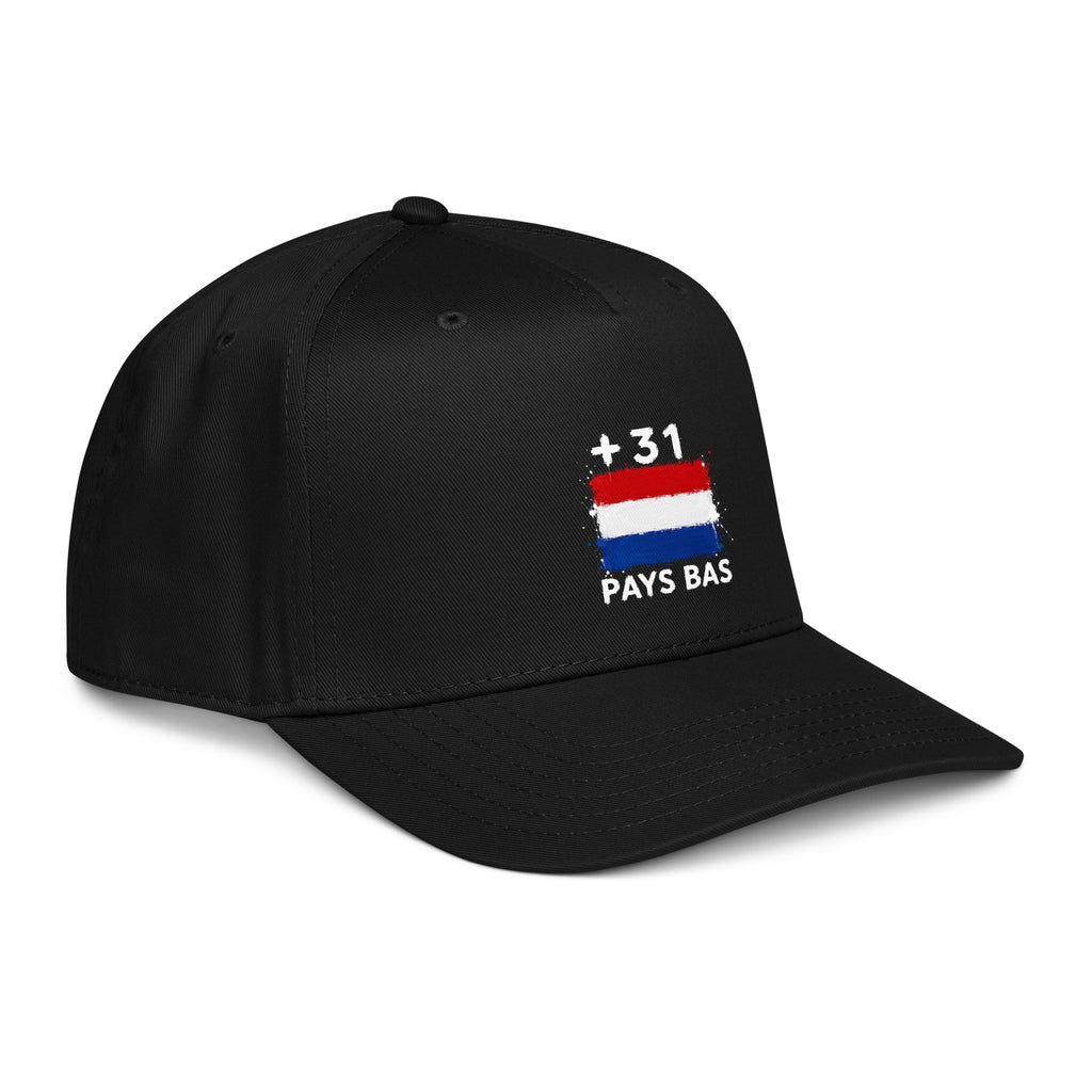 Casquette baseball noire Pays Bas +31 avec drapeau néerlandais floqué - vue de profil droit - Indicatif Fier