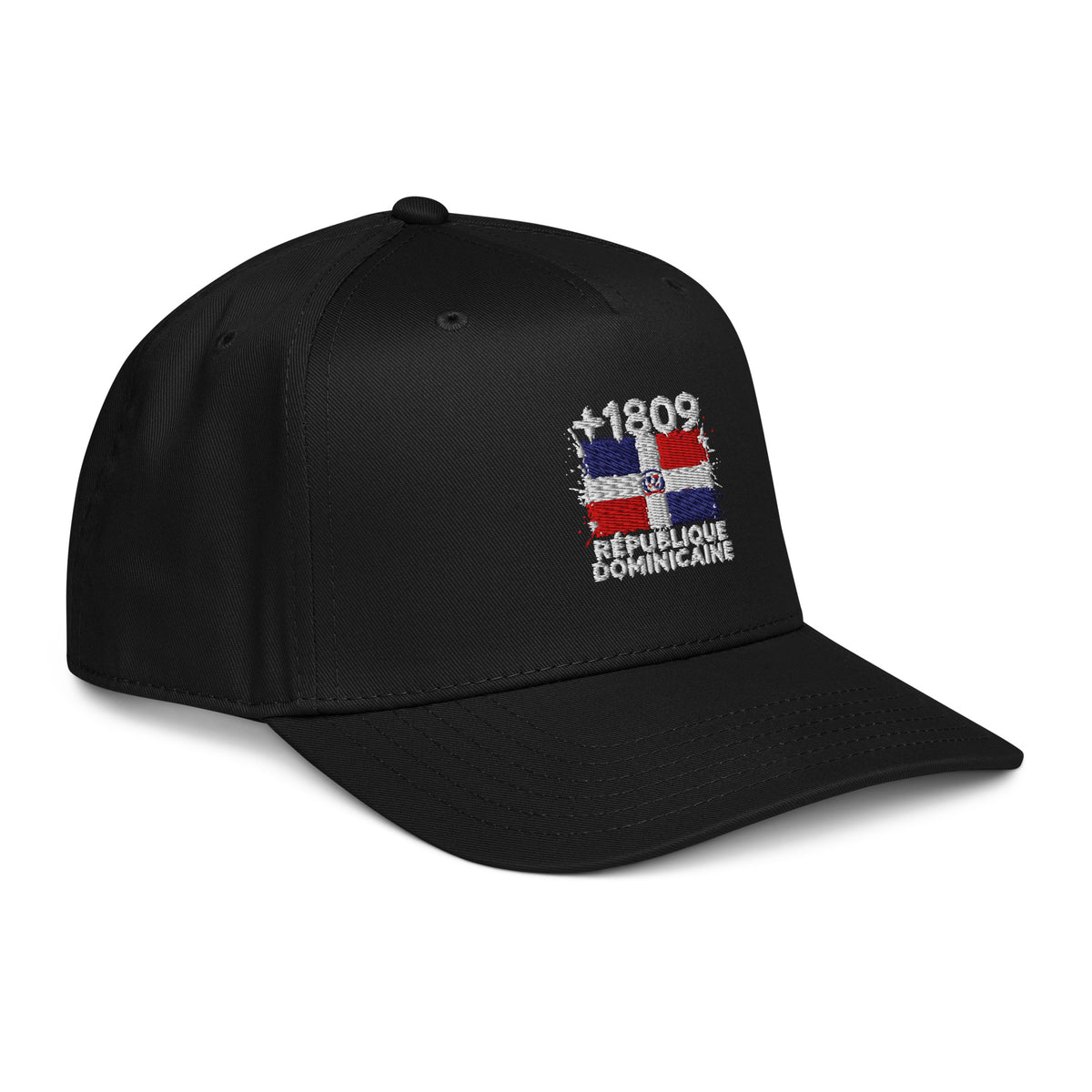 Casquette baseball noire République Dominicaine +1809 avec drapeau dominicain brodé - vue de profil droit - Indicatif Fier