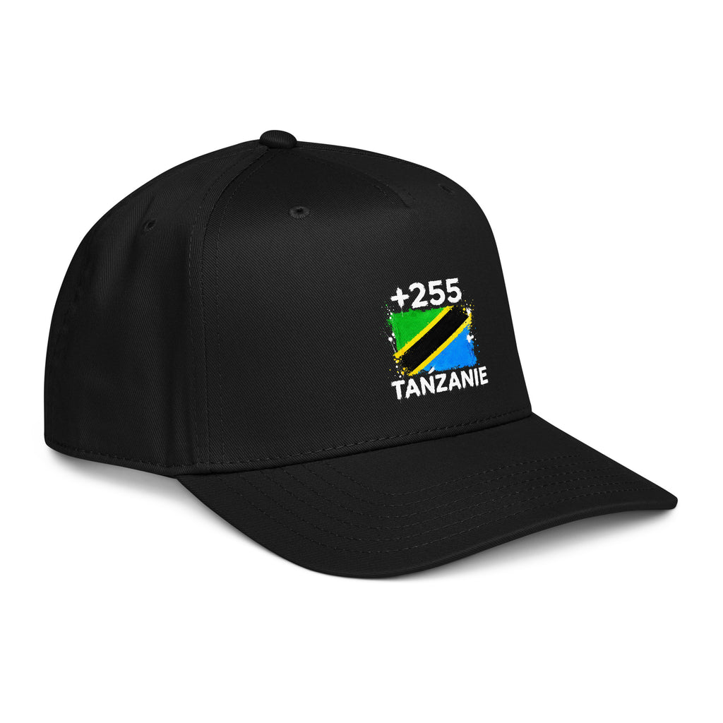 Casquette Baseball Tanzanie +255 - Noir avec drapeau floqué effet éclaboussure de peinture - vue de trois-quarts droit - Indicatif Fier