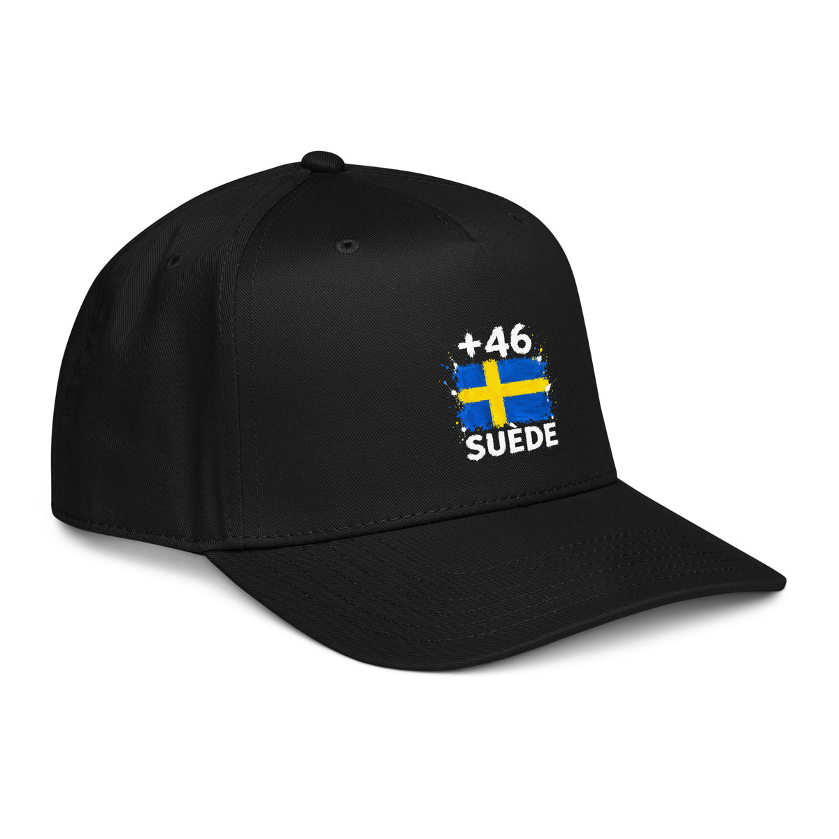 Casquette Baseball Suède +46 - Noir avec drapeau floqué effet éclaboussure de peinture - vue de trois-quarts droit - Indicatif Fier