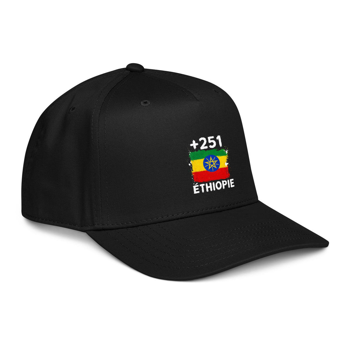 Casquette Baseball Éthiopie +251 - Noir avec drapeau floqué effet éclaboussure de peinture - vue de trois-quarts droit - Indicatif Fier