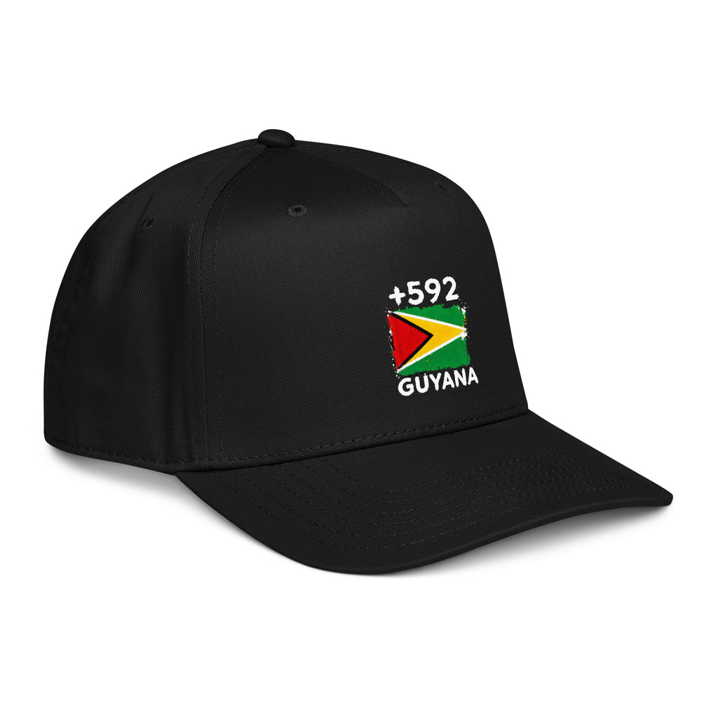 Casquette Baseball Guyana +592 - Noir avec drapeau floqué effet éclaboussure de peinture - vue de trois-quarts droit - Indicatif Fier
