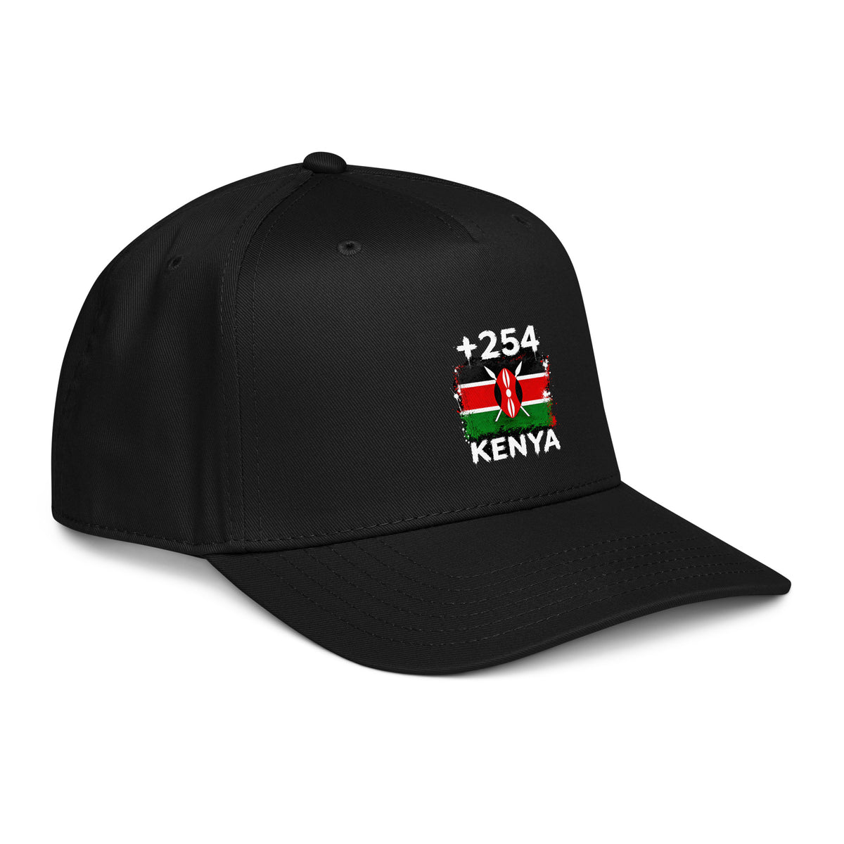 Casquette Baseball Kenya +254 - Noir avec drapeau floqué effet éclaboussure de peinture - vue de trois-quarts droit - Indicatif Fier