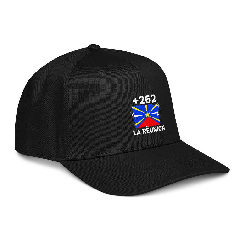 Casquette Baseball La Réunion +262 - Noir avec drapeau floqué effet éclaboussure de peinture - vue de trois-quarts droit - Indicatif Fier