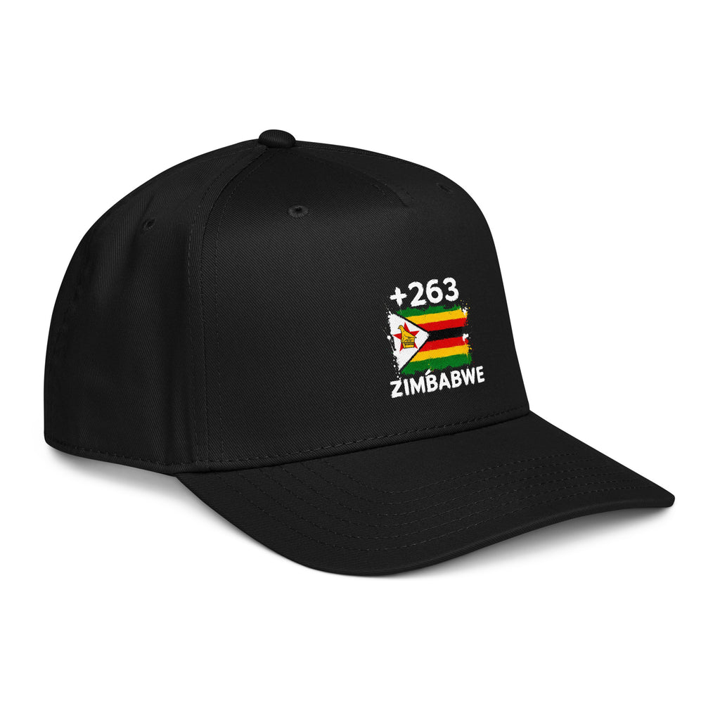 Casquette Baseball Zimbabwe +263 - Noir avec drapeau floqué effet éclaboussure de peinture - vue de trois-quarts droit - Indicatif Fier