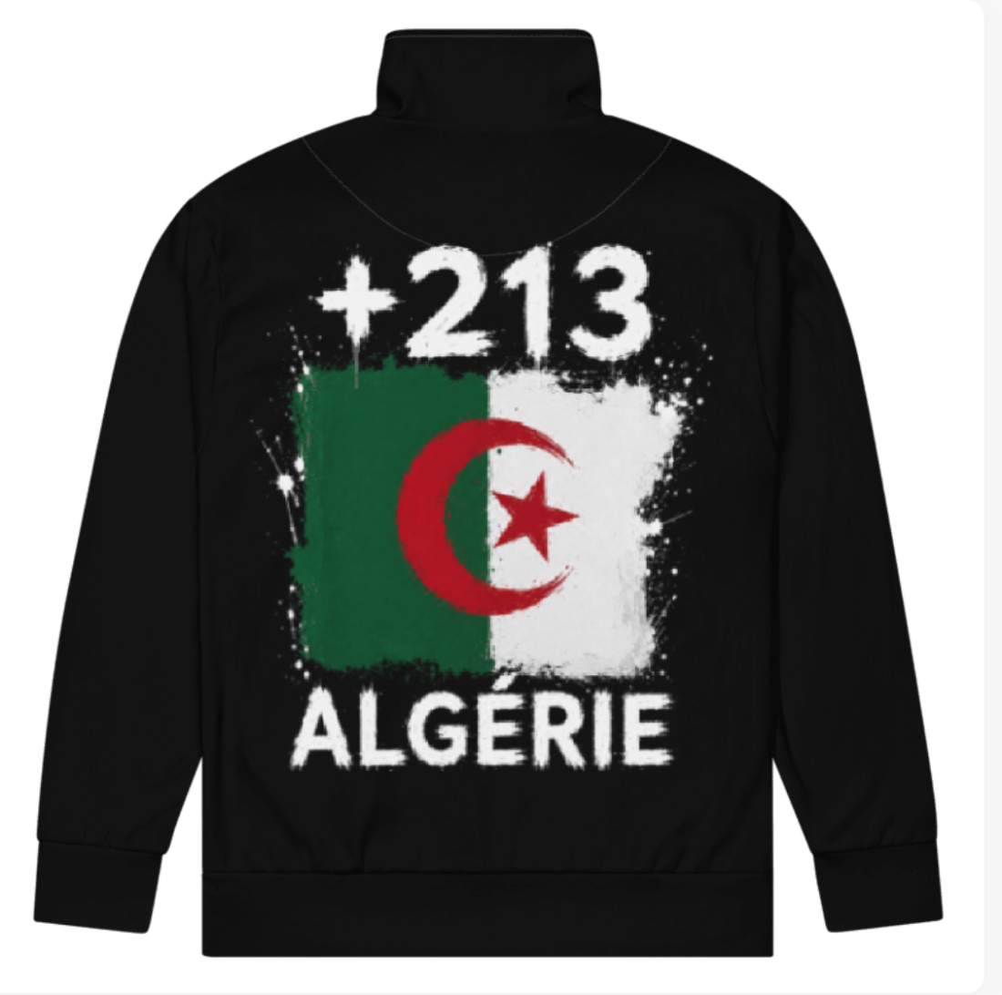 Survêtement Algérie +213 avec drapeau floqué effet éclaboussure de peinture - vue de dos - Indicatif Fier