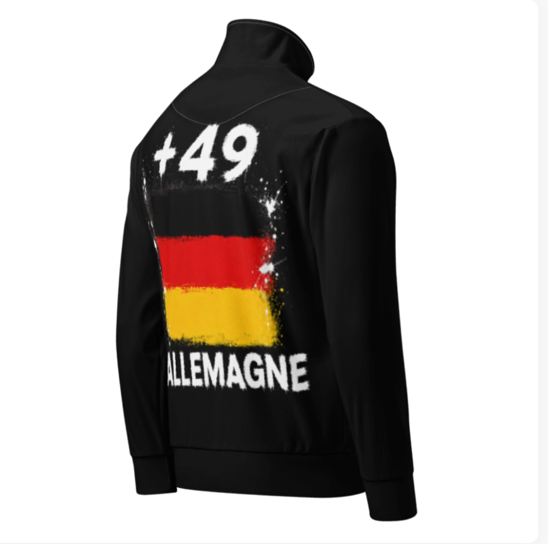 Survêtement Allemagne +49 - Noir avec drapeau floqué effet éclaboussure de peinture - vue de dos - Indicatif Fier