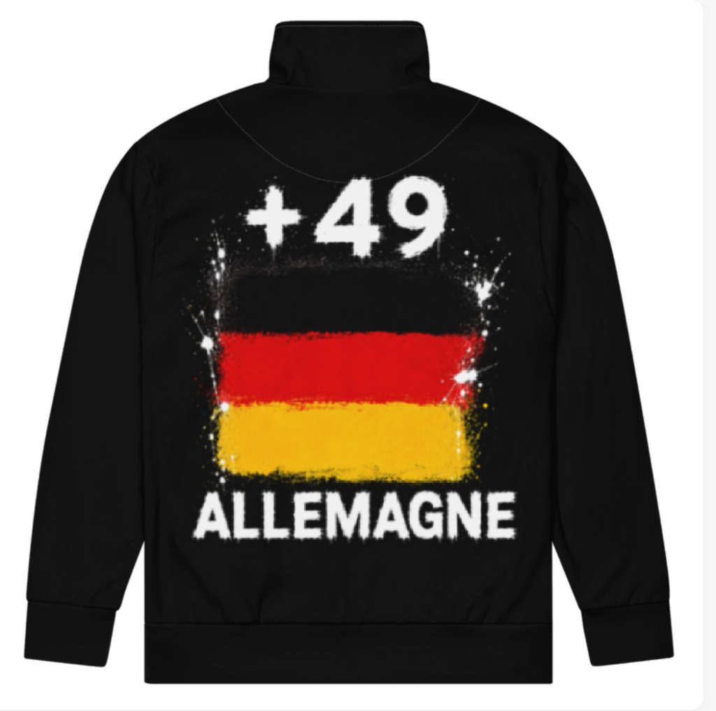 Survêtement Allemagne +49 - Noir avec drapeau floqué effet éclaboussure de peinture - vue de dos - Indicatif Fier