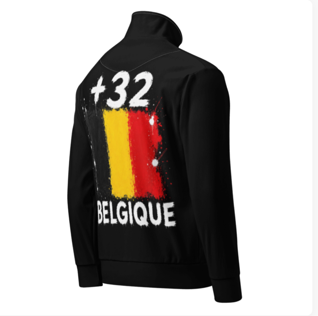 Survêtement Belgique +32 - Zippé avec drapeau floqué effet éclaboussure de peinture - vue de dos - Indicatif Fier