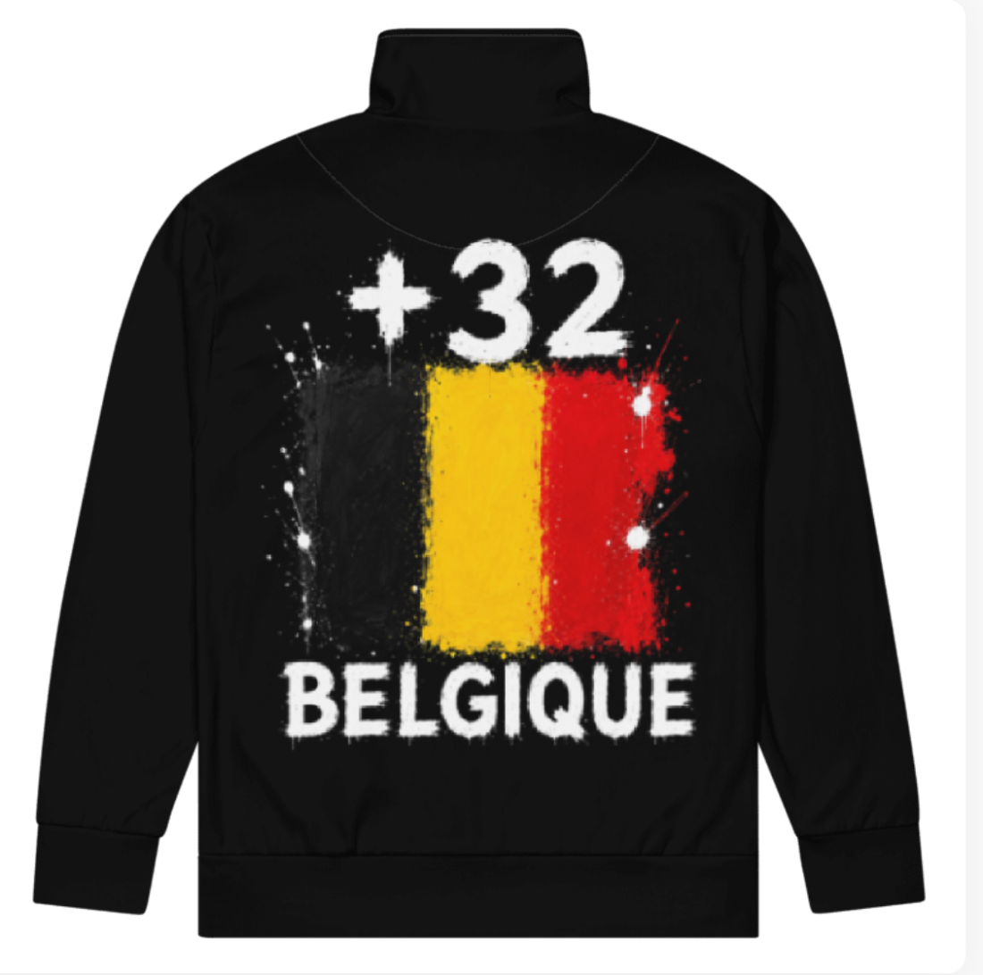 Survêtement Belgique +32 - Zippé avec drapeau floqué effet éclaboussure de peinture - vue de dos - Indicatif Fier
