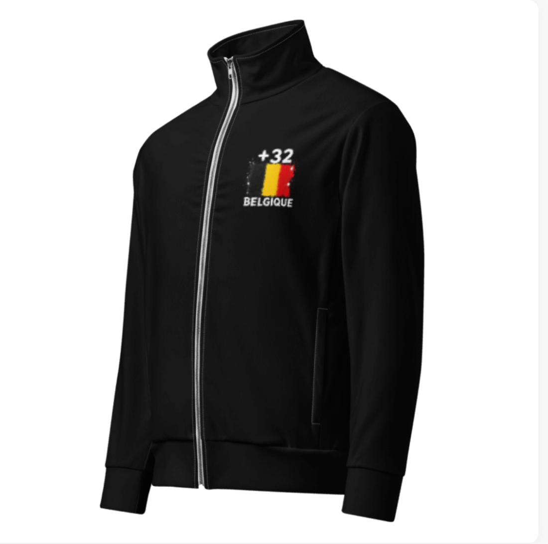 Survêtement Belgique +32 - Zippé avec drapeau floqué effet éclaboussure de peinture - vue de face - Indicatif Fier