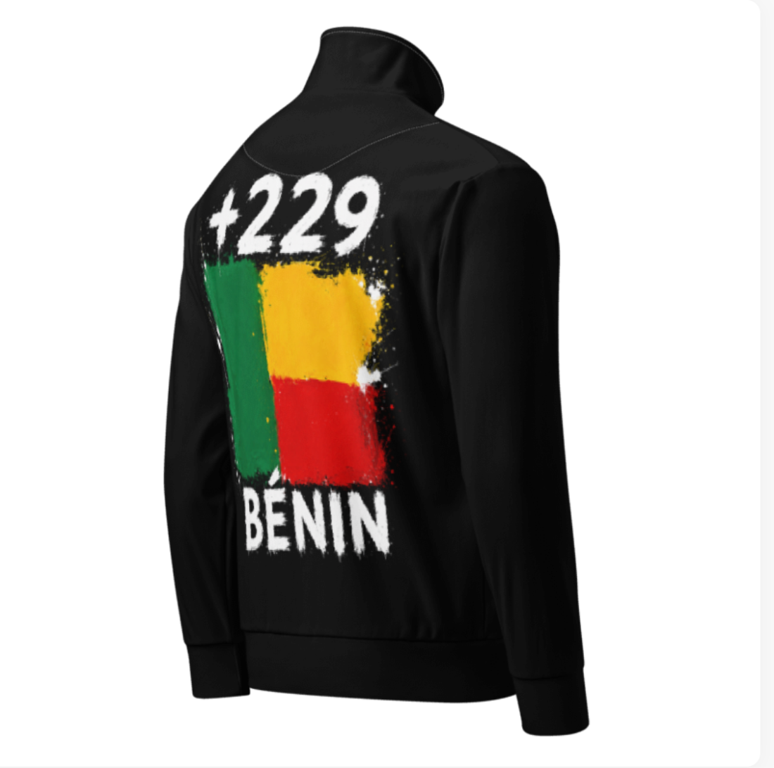 Survêtement Bénin +229 - Noir avec drapeau floqué effet éclaboussure de peinture - vue de dos - Indicatif Fier