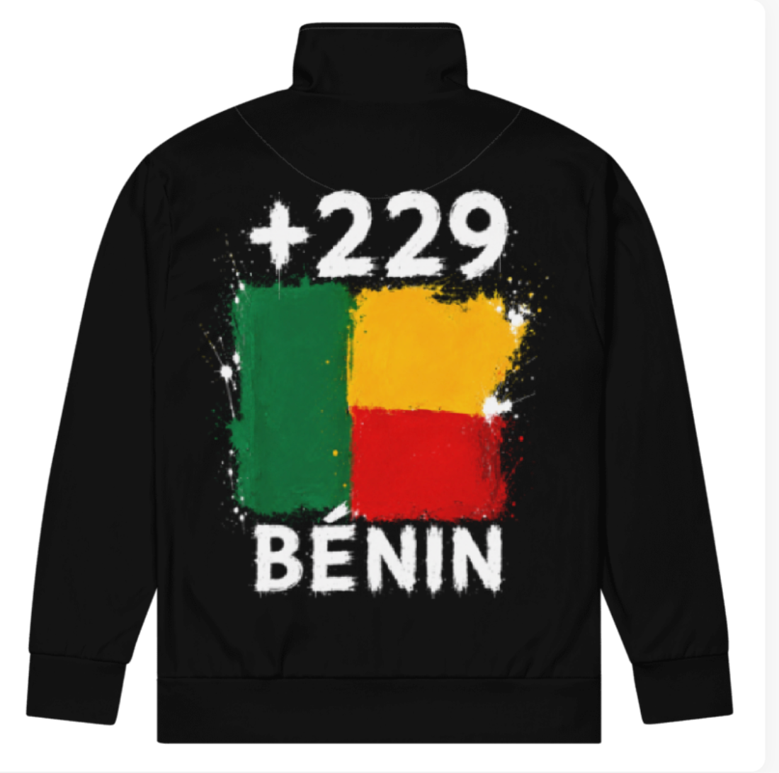 Survêtement Bénin +229 - Noir avec drapeau floqué effet éclaboussure de peinture - vue de dos - Indicatif Fier