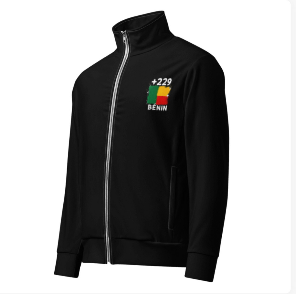 Survêtement Bénin +229 - Noir avec drapeau floqué effet éclaboussure de peinture - vue de face - Indicatif Fier