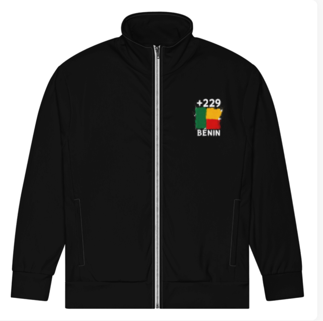 Survêtement Bénin +229 - Noir avec drapeau floqué effet éclaboussure de peinture - vue de face - Indicatif Fier