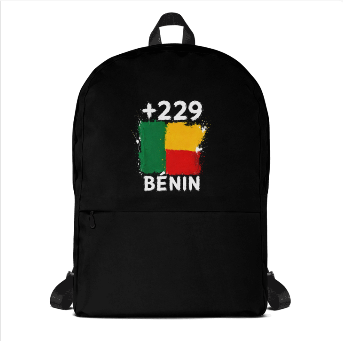Sac à Dos Bénin +229 - Noir avec drapeau floqué effet éclaboussure de peinture - vue de face - Indicatif Fier