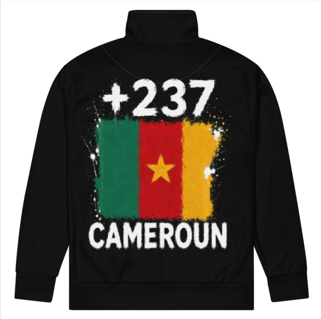 Survêtement Cameroun +237 avec drapeau floqué effet éclaboussure de peinture - vue de dos - Indicatif Fier