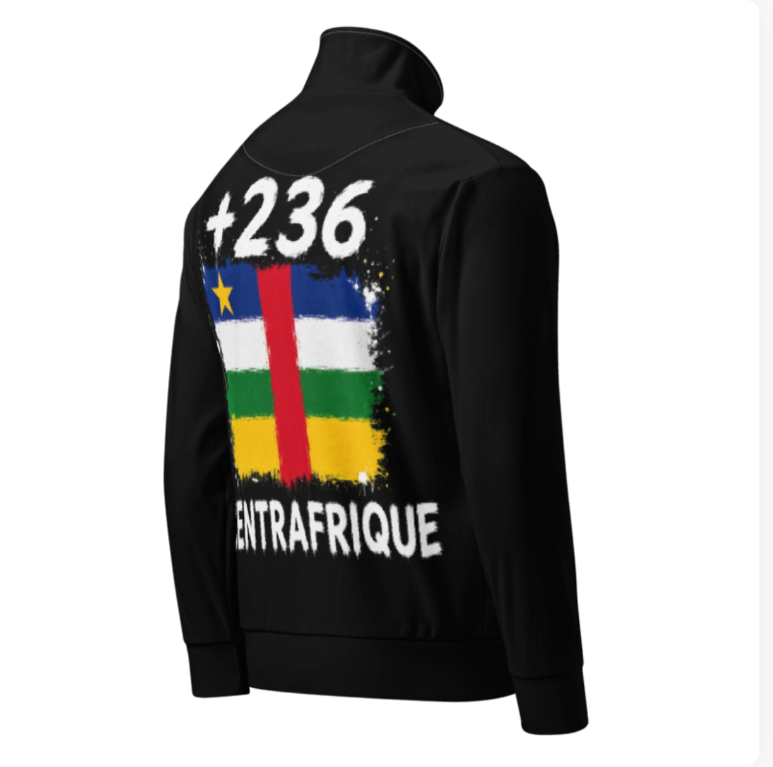 Survêtement Centrafrique +236 avec drapeau floqué effet éclaboussure de peinture - vue de dos - Indicatif Fier
