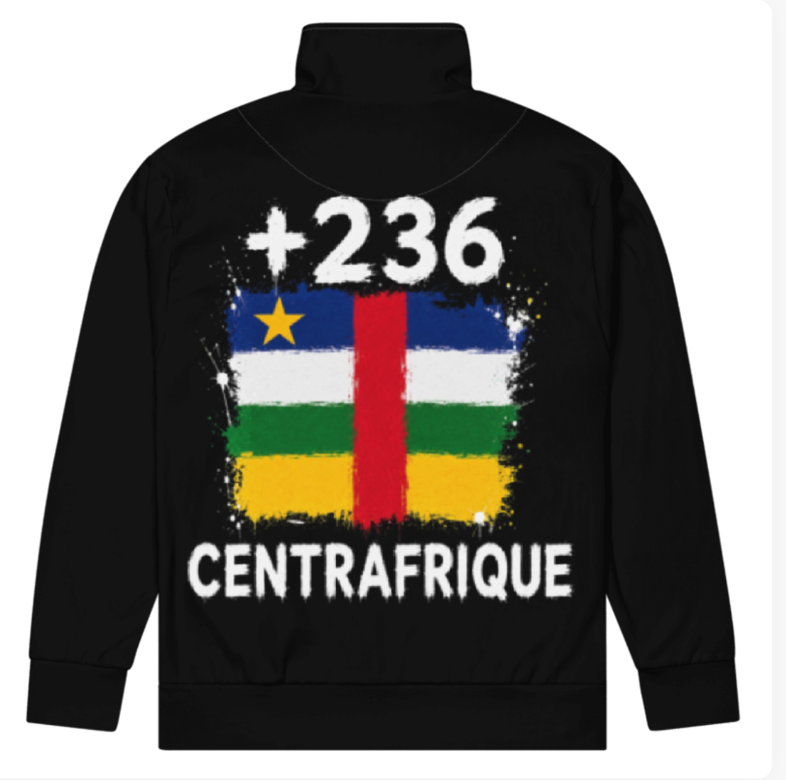 Survêtement Centrafrique +236 avec drapeau floqué effet éclaboussure de peinture - vue de dos - Indicatif Fier