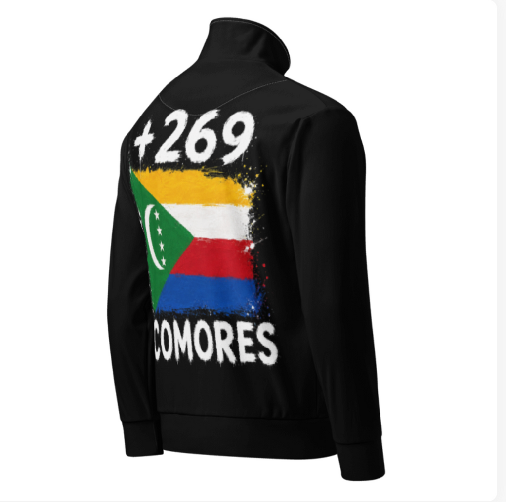 Survêtement Comores +269 - Noir avec drapeau floqué effet éclaboussure de peinture - vue de dos - Indicatif Fier