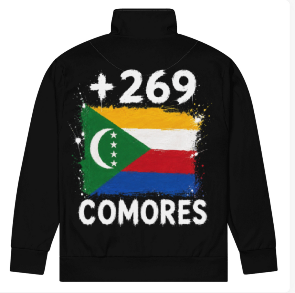 Survêtement Comores +269 - Noir avec drapeau floqué effet éclaboussure de peinture - vue de dos - Indicatif Fier