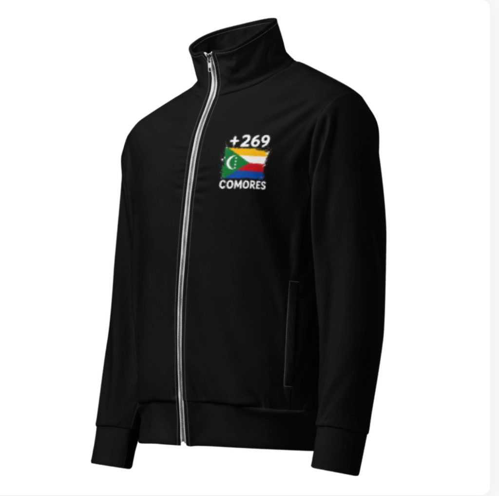 Survêtement Comores +269 - Noir avec drapeau floqué effet éclaboussure de peinture - vue de face - Indicatif Fier